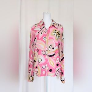 A Line Collared Button Down Pink Psychadelic Pattern Top Blouse Womens Size 10
